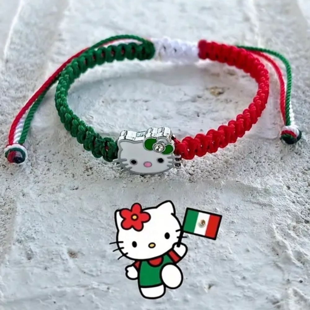 Bow Kitty Mexican Flag Colors Handwoven Bracelet